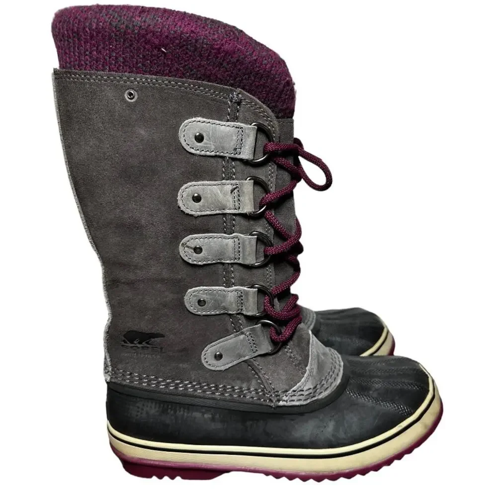Sorel Joan of Arctic Knit Shale Winter Boots Lace Up Round Toe Waterproof 7.5